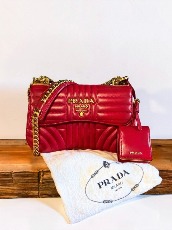Prada Handbags - Prada Diagramme Quilted Leather Shoulder Bag in Red with Chain Strap Crossbody